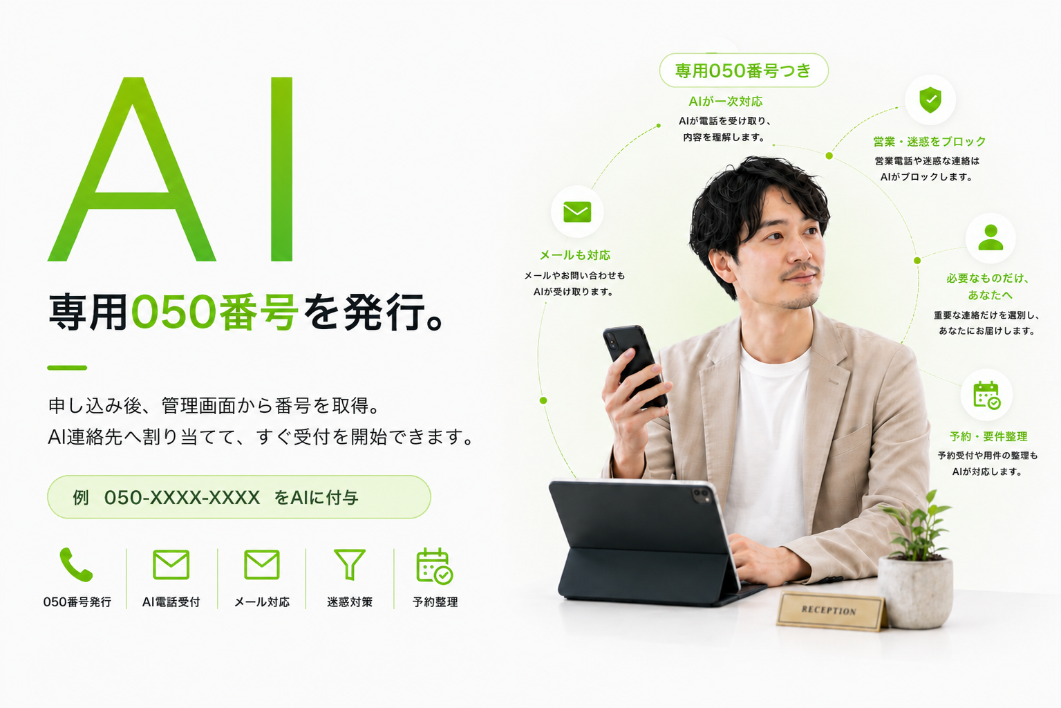 AI専用050番号を発行。電話受付から予約・要件整理まで番号つきAIが一次対応するVoipassのメインビジュアル